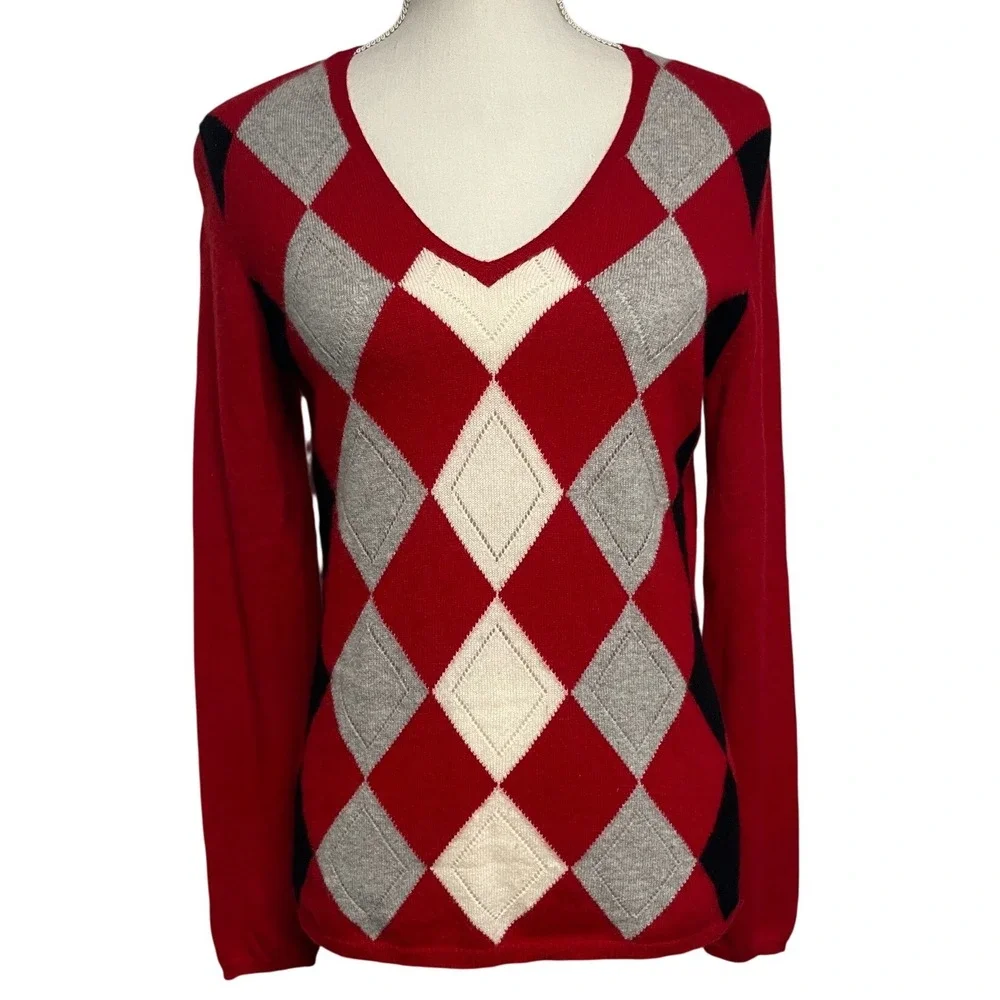 Charter Club Cashmere Red V Neck Argyle Sweater Women's Medium - Picture 3 of 9